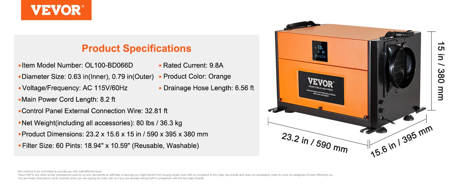 VEVOR commercial dehumidifier, 115v/60hz, 80 lbs, 60 pints, 23.2x15.6x15 in, orange, model ol100-bd066d