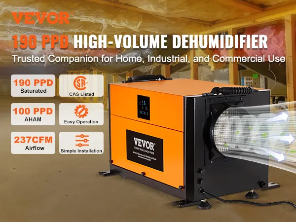 VEVOR commercial dehumidifier 190 ppd, cas listed, 237 cfm, easy operation, simple installation.
