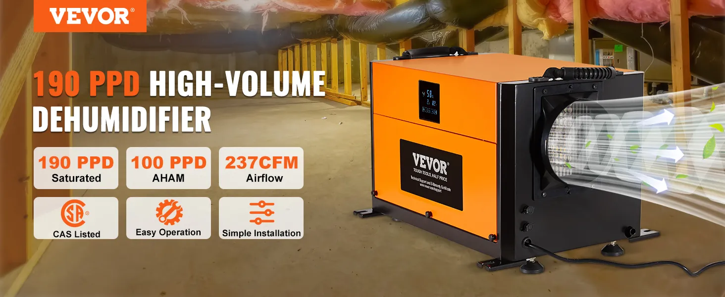 VEVOR commercial dehumidifier 190 ppd, cas listed, 237 cfm, easy operation, simple installation.