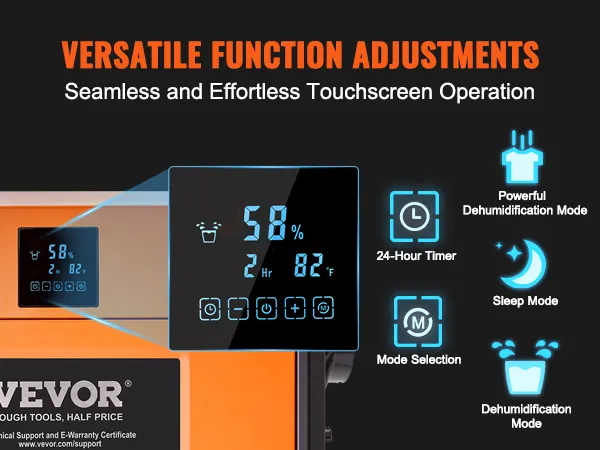 touchscreen control panel of VEVOR commercial dehumidifier showcasing humidity, timer, and mode settings.