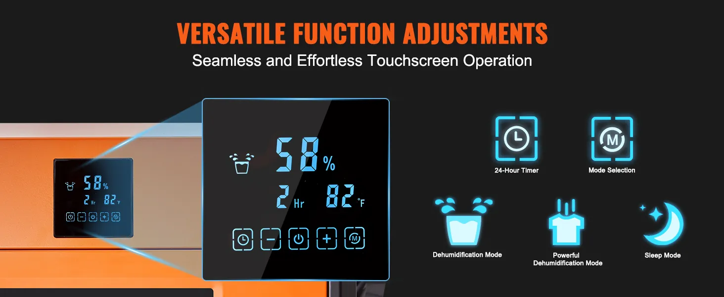 touchscreen control panel of VEVOR commercial dehumidifier showcasing humidity, timer, and mode settings.
