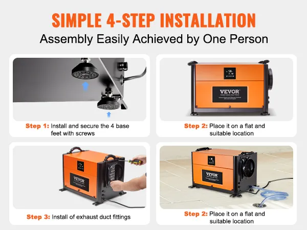 simple 4-step installation of VEVOR commercial dehumidifier with easy-to-follow instructions.