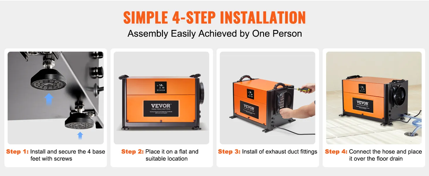 simple 4-step installation of VEVOR commercial dehumidifier with easy-to-follow instructions.