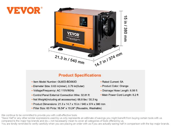 VEVOR commercial dehumidifier, ol60d-bd063d, orange, 60 pints, 115v/60hz, 540x374x380mm, 66.8 lbs.
