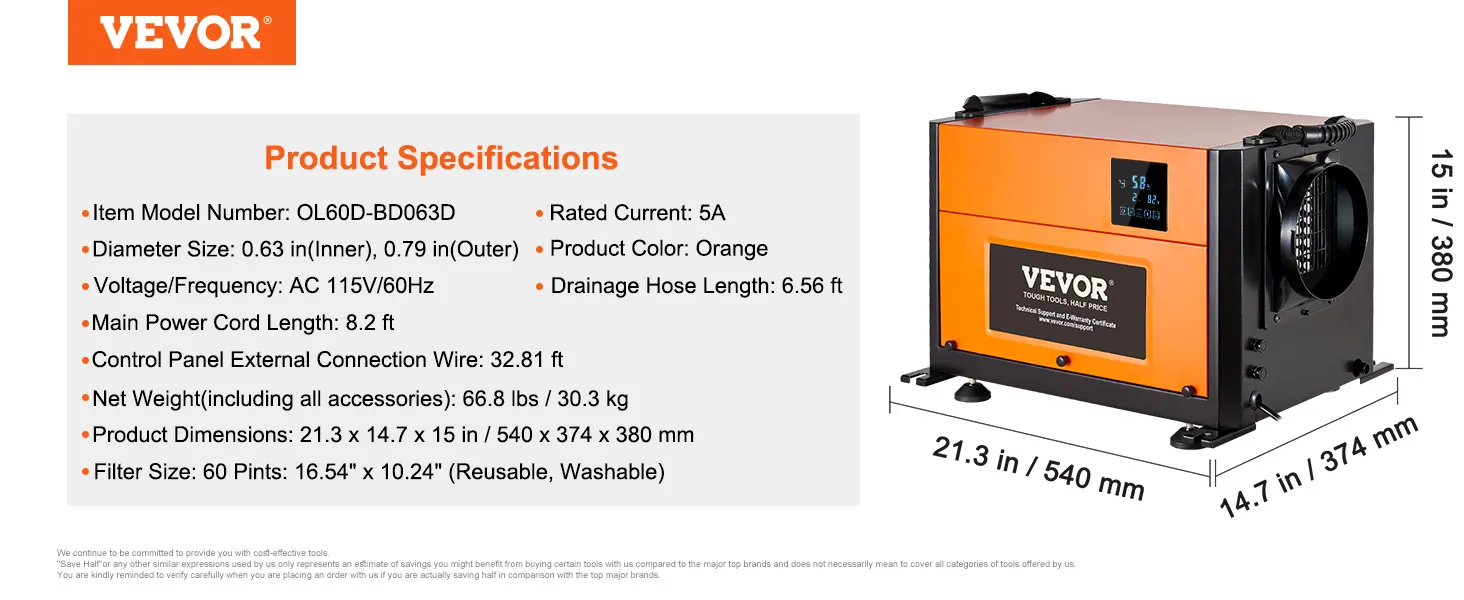 VEVOR commercial dehumidifier, ol60d-bd063d, orange, 60 pints, 115v/60hz, 540x374x380mm, 66.8 lbs.