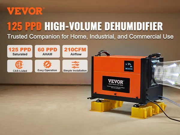 VEVOR commercial dehumidifier 125 ppd, high-volume with 210cfm airflow, easy operation, simple installation.