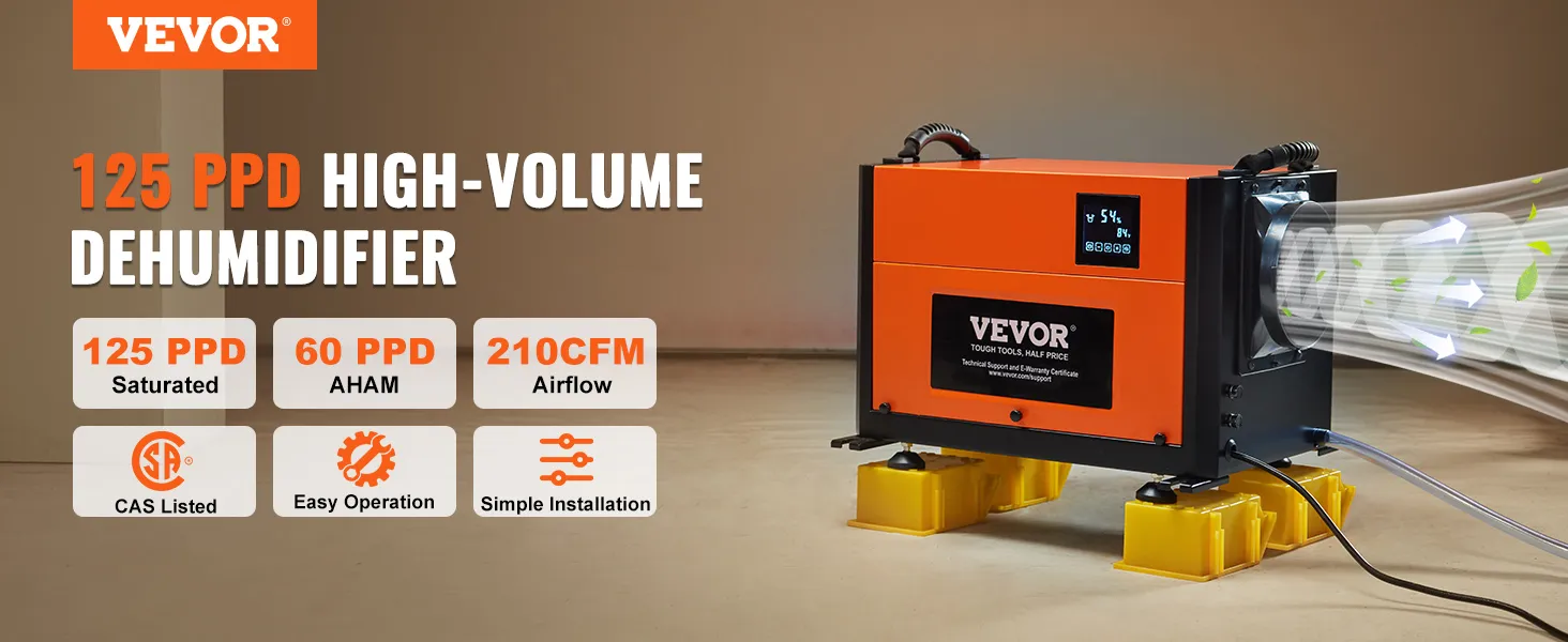VEVOR commercial dehumidifier 125 ppd, high-volume with 210cfm airflow, easy operation, simple installation.