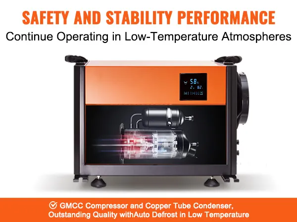 safety and stability performance of VEVOR commercial dehumidifier with gmcc compressor and auto defrost.