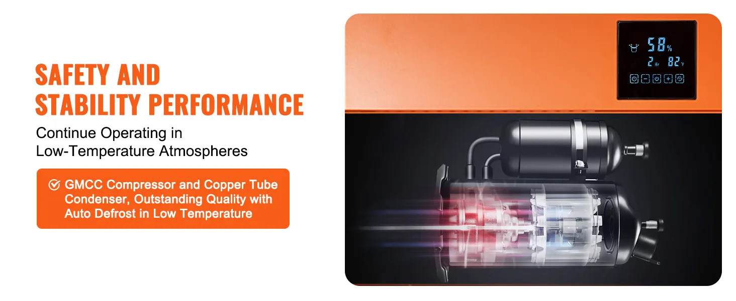 safety and stability performance of VEVOR commercial dehumidifier with gmcc compressor and auto defrost.