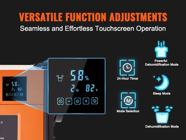 VEVOR commercial dehumidifier touchscreen showing 58% humidity, 82°f, and mode icons for versatile function adjustments.