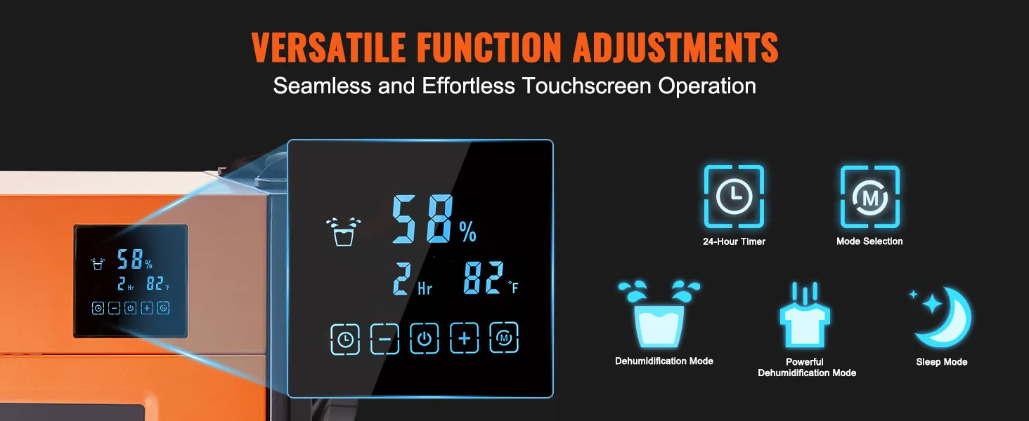 VEVOR commercial dehumidifier touchscreen showing 58% humidity, 82°f, and mode icons for versatile function adjustments.