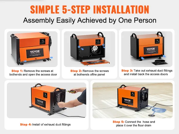 simple 5-step installation guide for VEVOR commercial dehumidifier with easy assembly instructions.