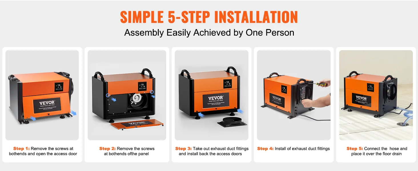 simple 5-step installation guide for VEVOR commercial dehumidifier with easy assembly instructions.