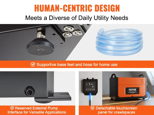 VEVOR commercial dehumidifier with hose, external pump interface, and touchscreen panel for crawlspaces.