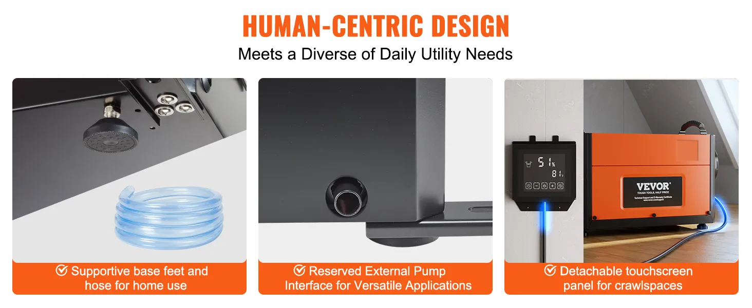 VEVOR commercial dehumidifier with hose, external pump interface, and touchscreen panel for crawlspaces.