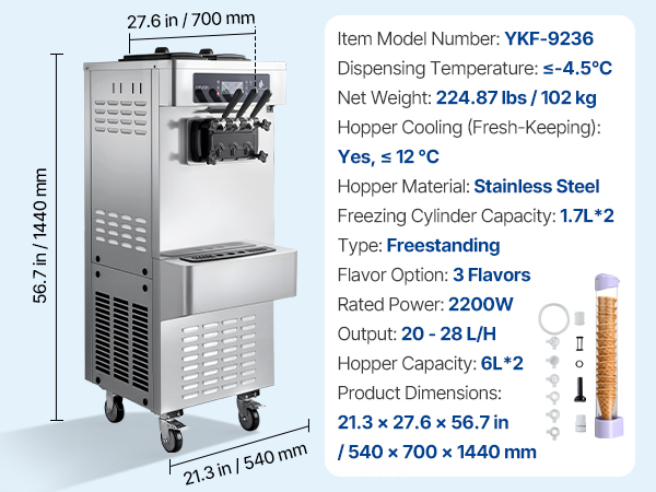 VEVOR Commercial Ice Cream Machine, 20-28L/H Yield, 2200W 3-Flavor