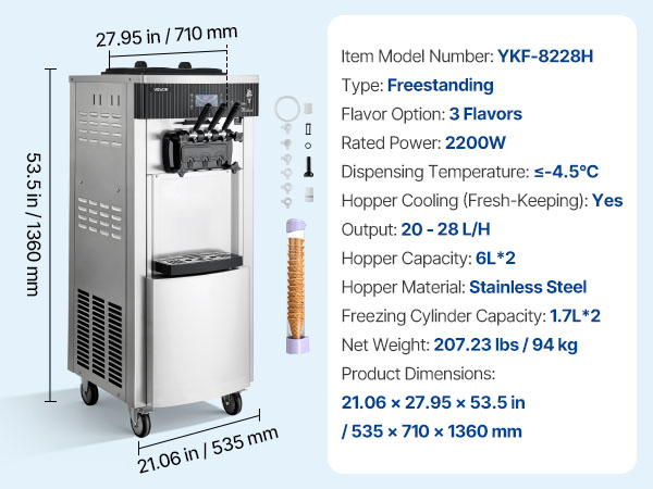 VEVOR Commercial Ice Cream Machine, 20-28L/H Yield, 2200W 3-Flavor
