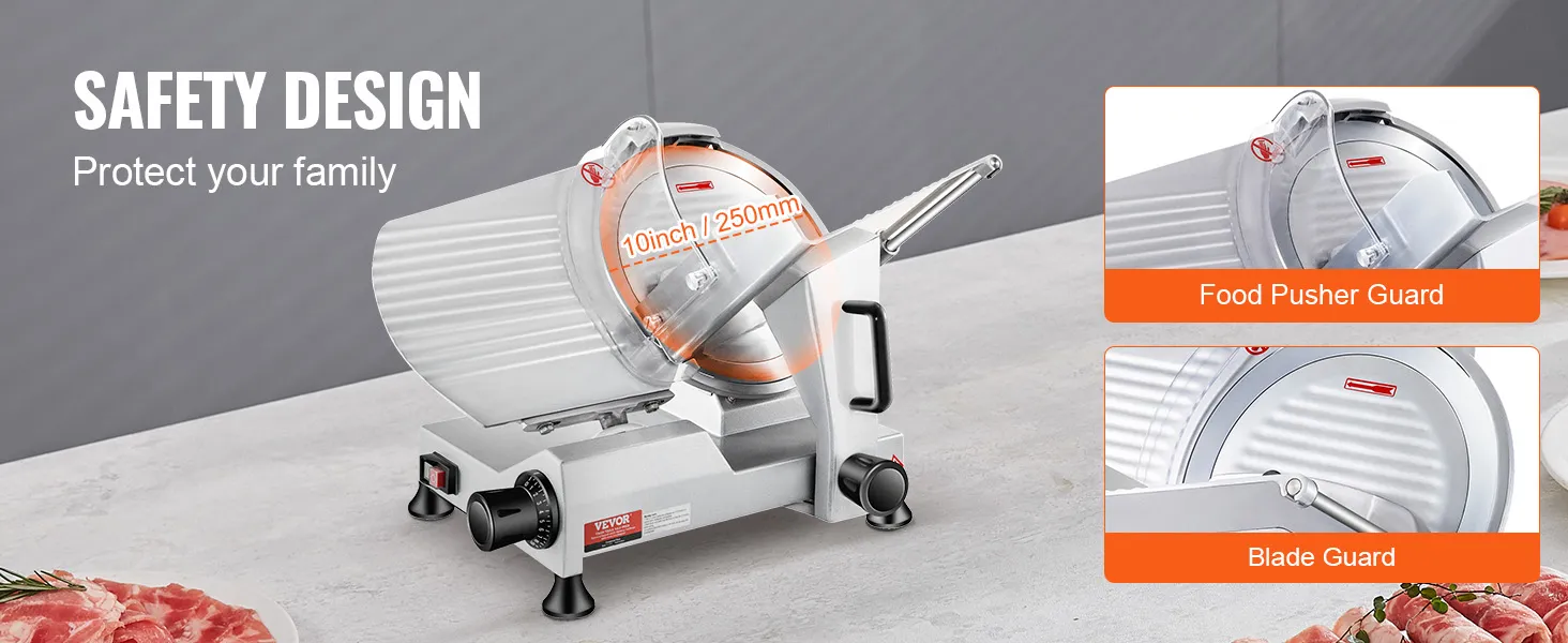 VEVOR 240W Commercial Meat Slicer, Electric Deli Food Slicer, 10" Carbon Steel Blade Electric Food Slicer, 350-400RPM Meat Slicer, 0 - 0.47 inch Thickness Adjustable for Commercial and Home Use