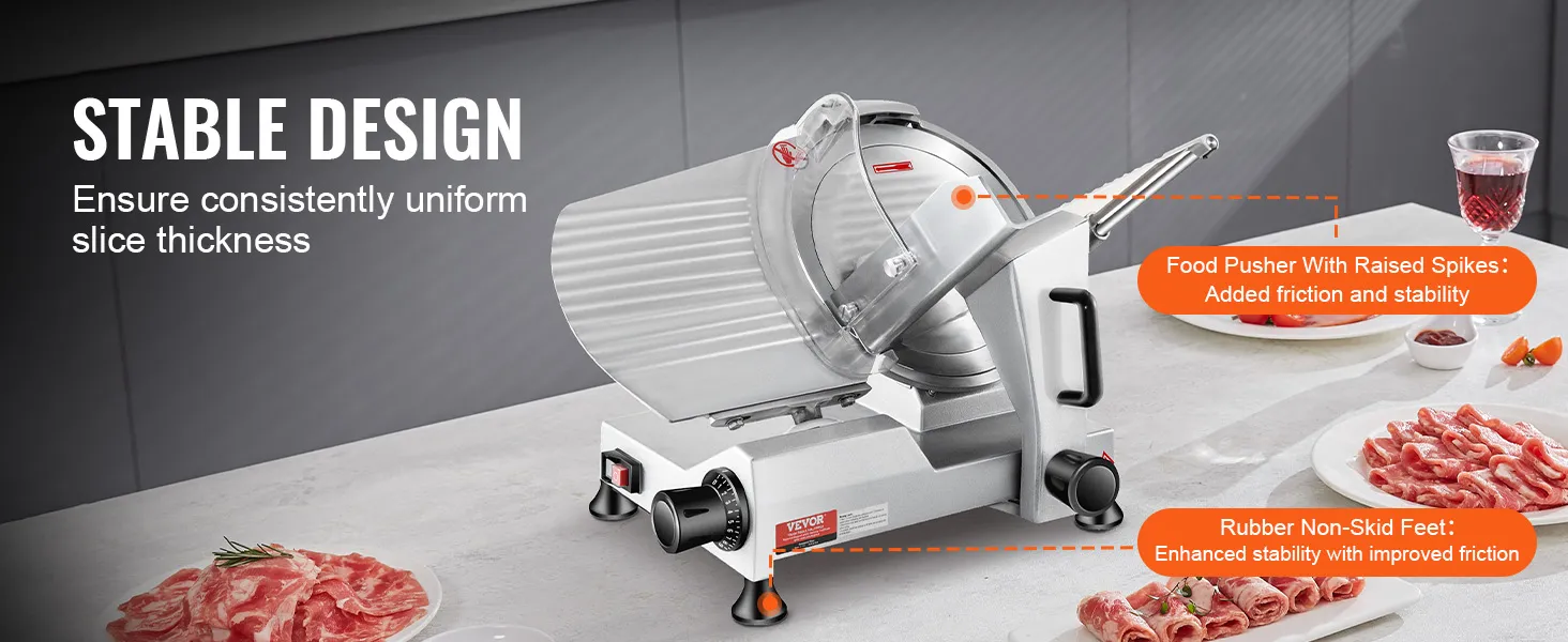 VEVOR 240W Commercial Meat Slicer, Electric Deli Food Slicer, 10" Carbon Steel Blade Electric Food Slicer, 350-400RPM Meat Slicer, 0 - 0.47 inch Thickness Adjustable for Commercial and Home Use