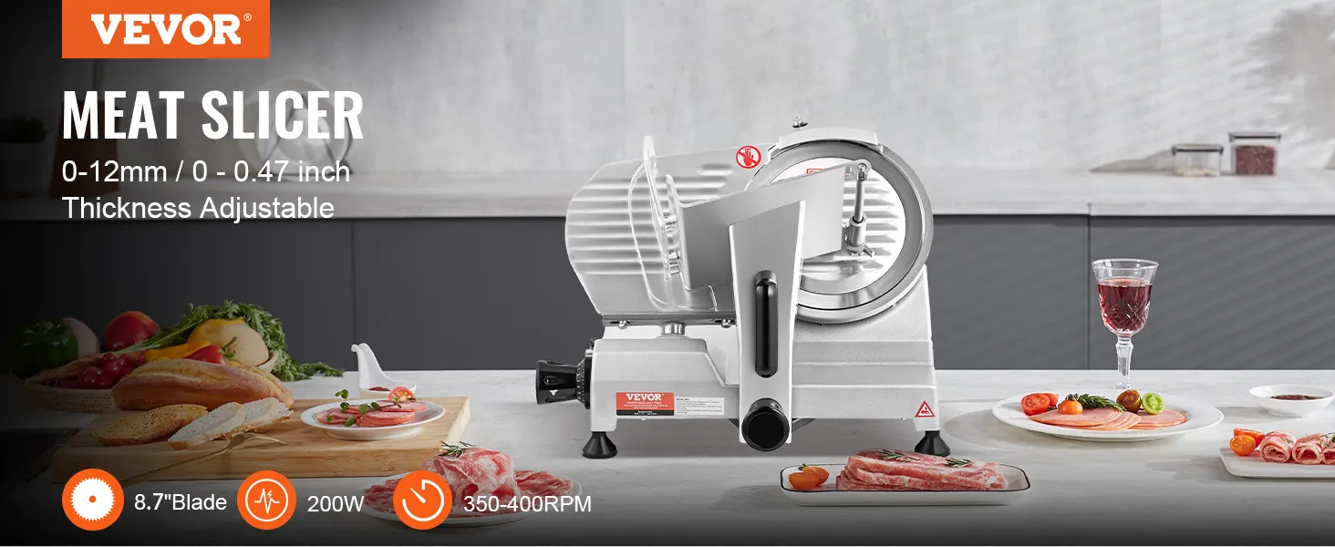 Cortadora de carne VEVOR con cuchilla de 8,7", grosor de corte de 0 a 12 mm y motor de 240 W para uso comercial.