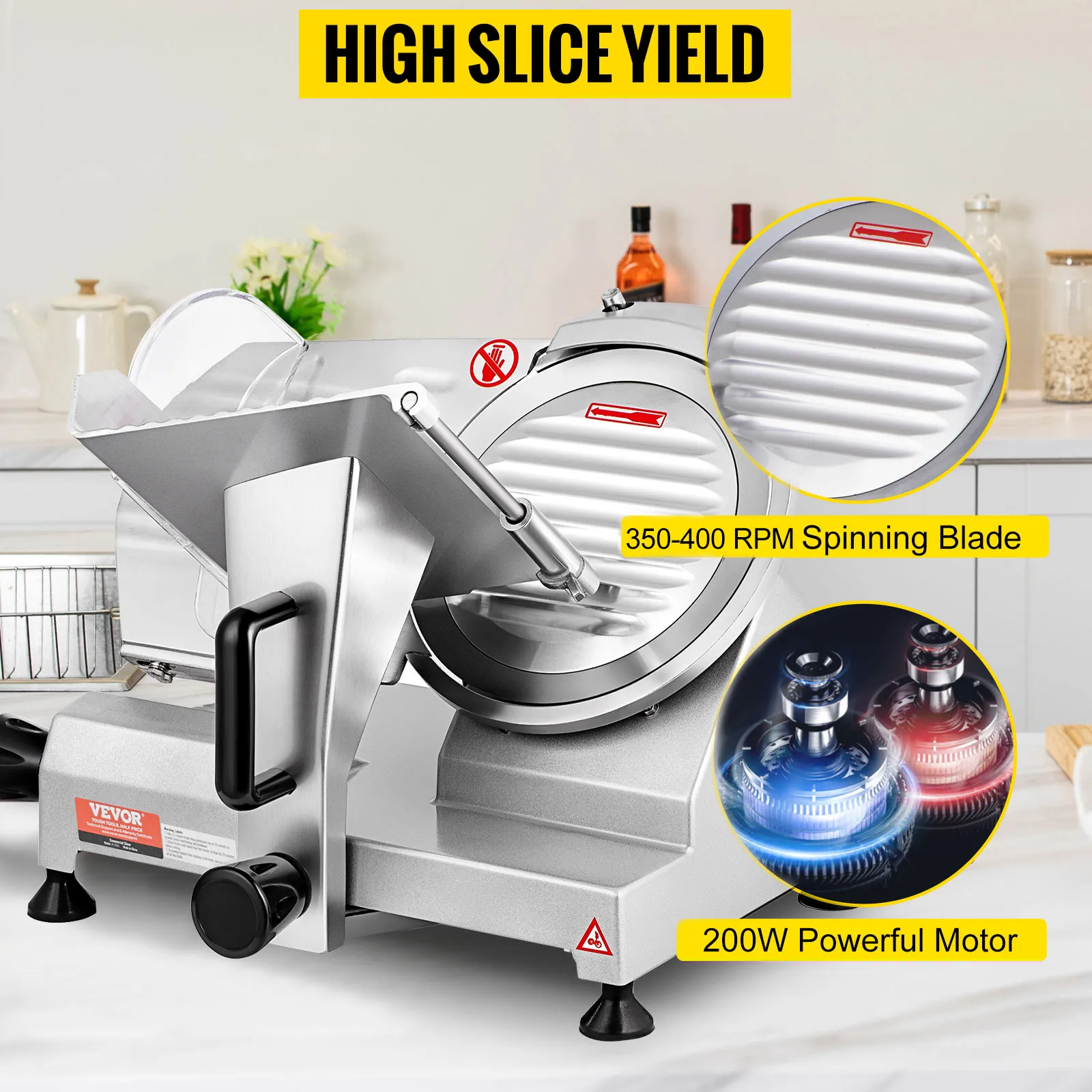 Cortadora de carne VEVOR con cuchilla giratoria de 350-400 rpm y motor de 200w sobre encimera de cocina.