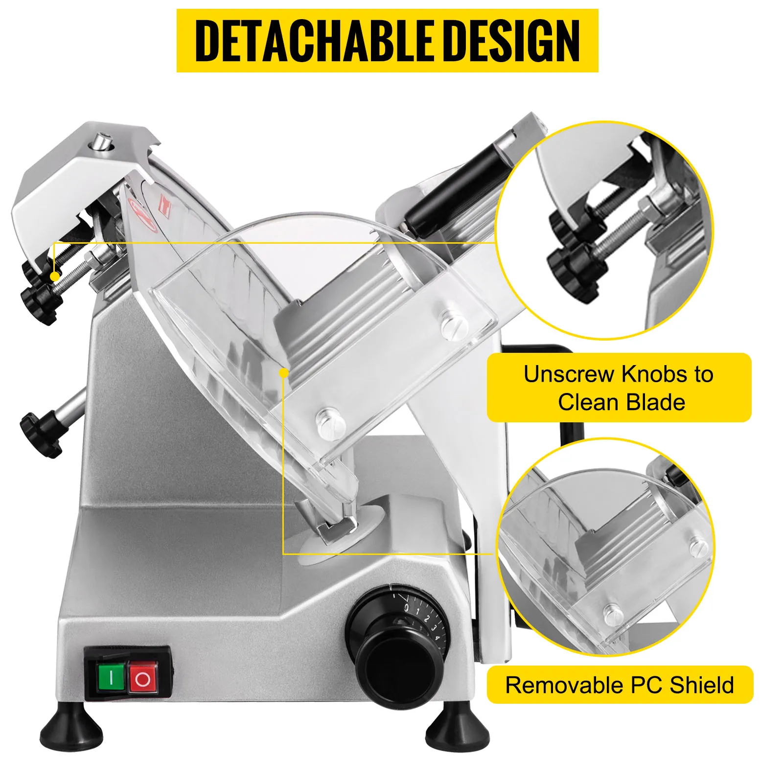 Cortadora de carne VEVOR desmontable con perillas ajustables y protector de PC extraíble para una fácil limpieza.