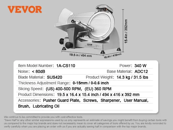 VEVOR vleesmachine, sus420-mes, 340 W, adc12-basis, 14,3 kg, dikte 0-15 mm, afmetingen 19,5 x 16,4 x 15,4 inch.
