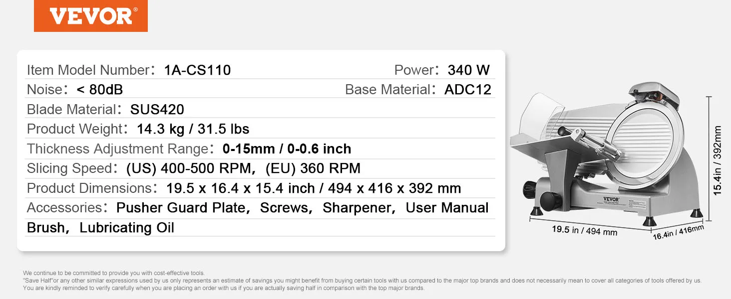 VEVOR vleesmachine, sus420-mes, 340 W, adc12-basis, 14,3 kg, dikte 0-15 mm, afmetingen 19,5 x 16,4 x 15,4 inch.