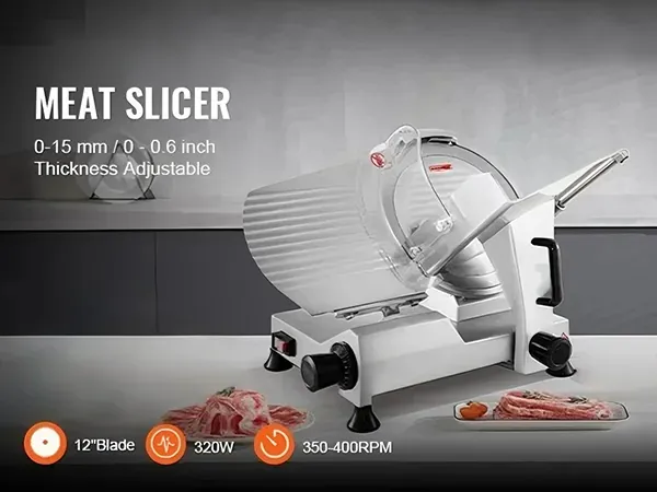 VEVOR commercial meat slicer with 12" blade, 0-16mm slice thickness, 250w motor.