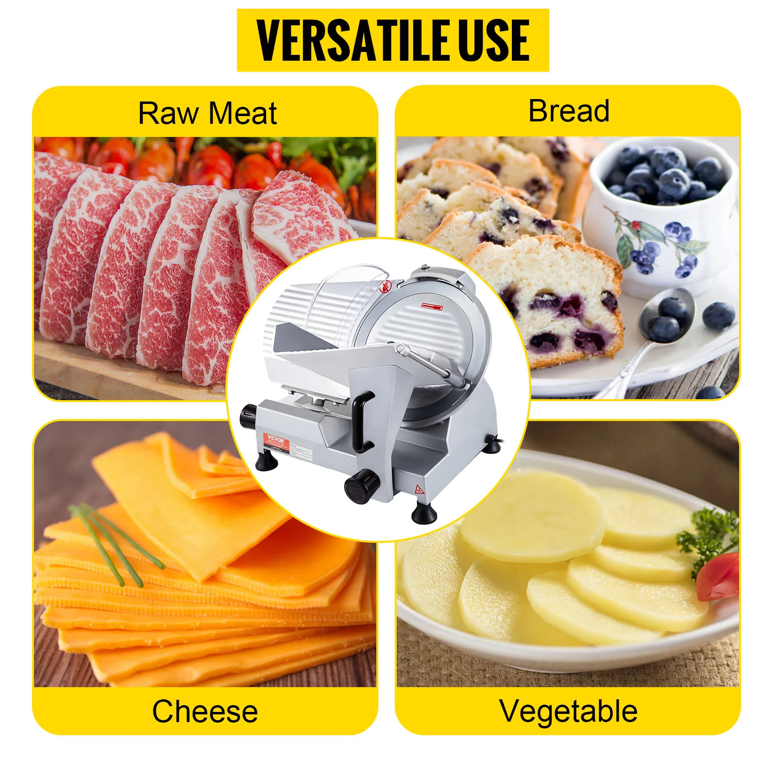 Der gewerbliche Fleischschneider von VEVOR bietet Vielseitigkeit: rohes Fleisch, Brot, Käse und Gemüse.
