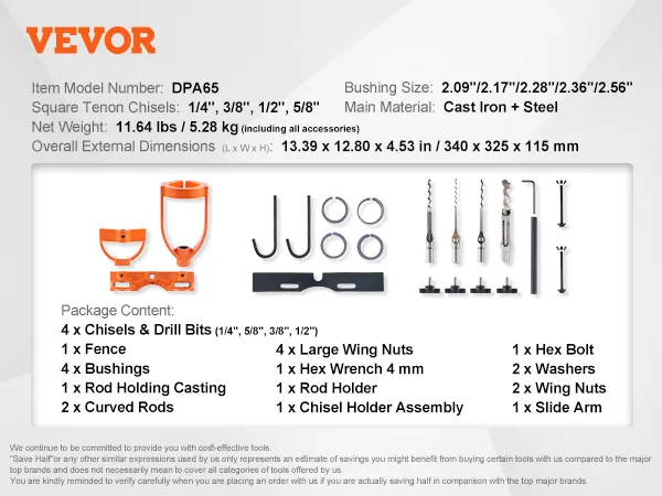 VEVOR mortising attachment kit with detailed dimensions, package contents, and product features.