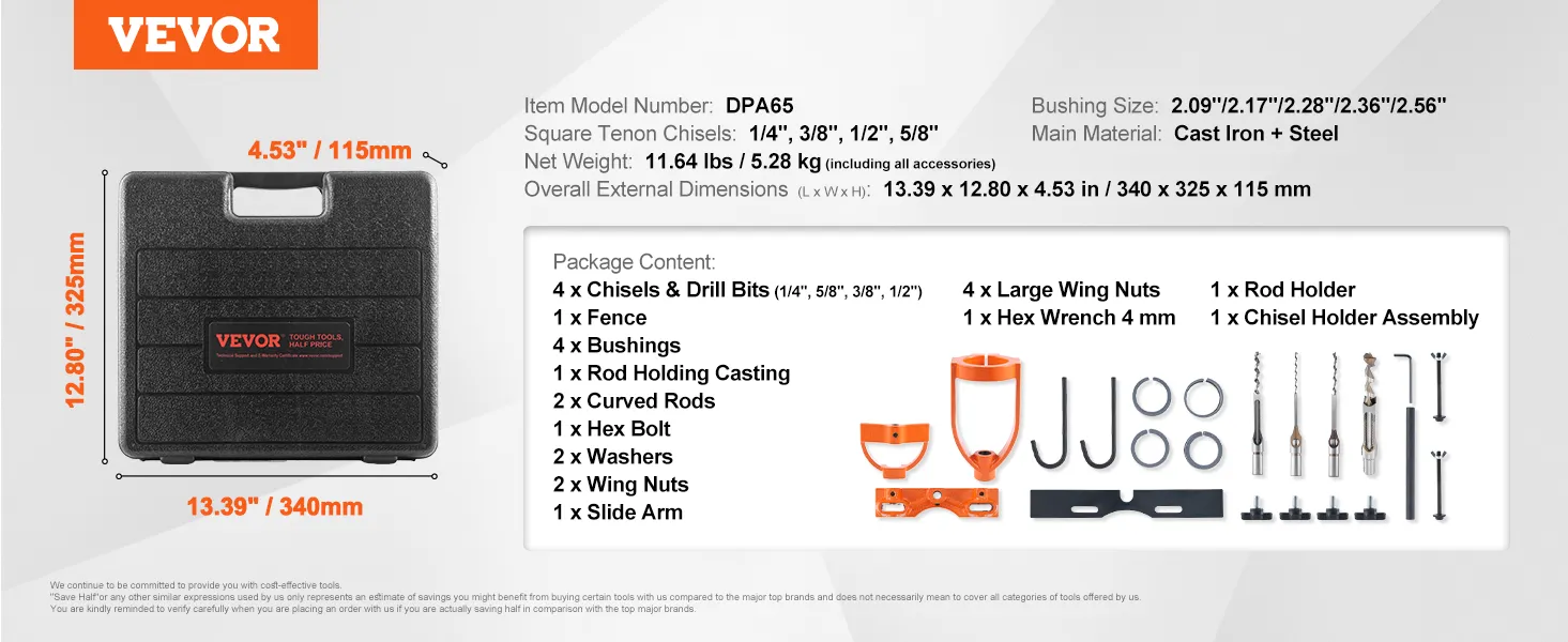 VEVOR mortising attachment kit with detailed dimensions, package contents, and product features.