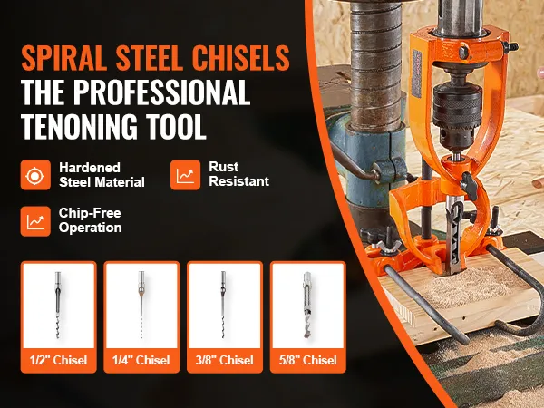VEVOR mortising attachment with spiral steel chisels: 1/2", 1/4", 3/8", 5/8". hardened steel, rust resistant.