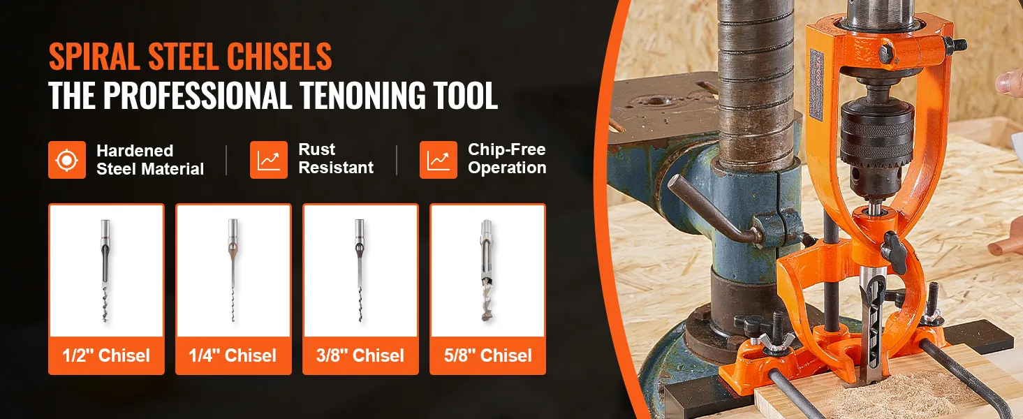 VEVOR mortising attachment with spiral steel chisels: 1/2", 1/4", 3/8", 5/8". hardened steel, rust resistant.