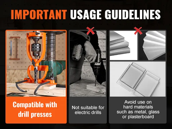 VEVOR mortising attachment usage guidelines: compatible with drill presses, not suitable for electric drills.