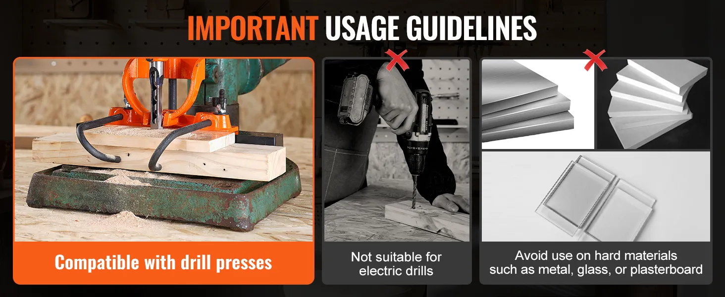 VEVOR mortising attachment usage guidelines: compatible with drill presses, not suitable for electric drills.