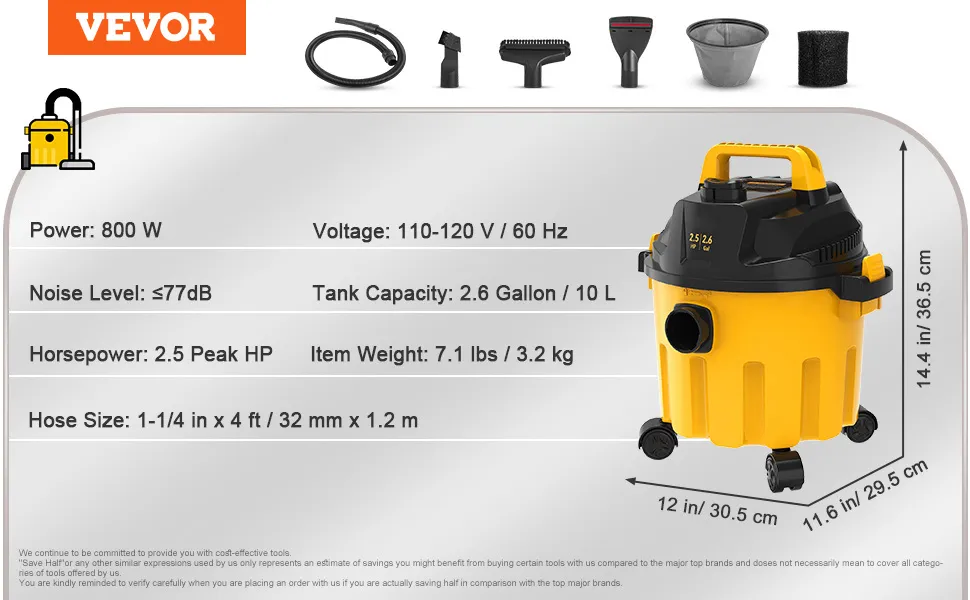 Aspiradora en seco y húmedo VEVOR 800w 2.5hp, 2.6 gal, con manguera y accesorios, dimensiones y especificaciones mostradas.