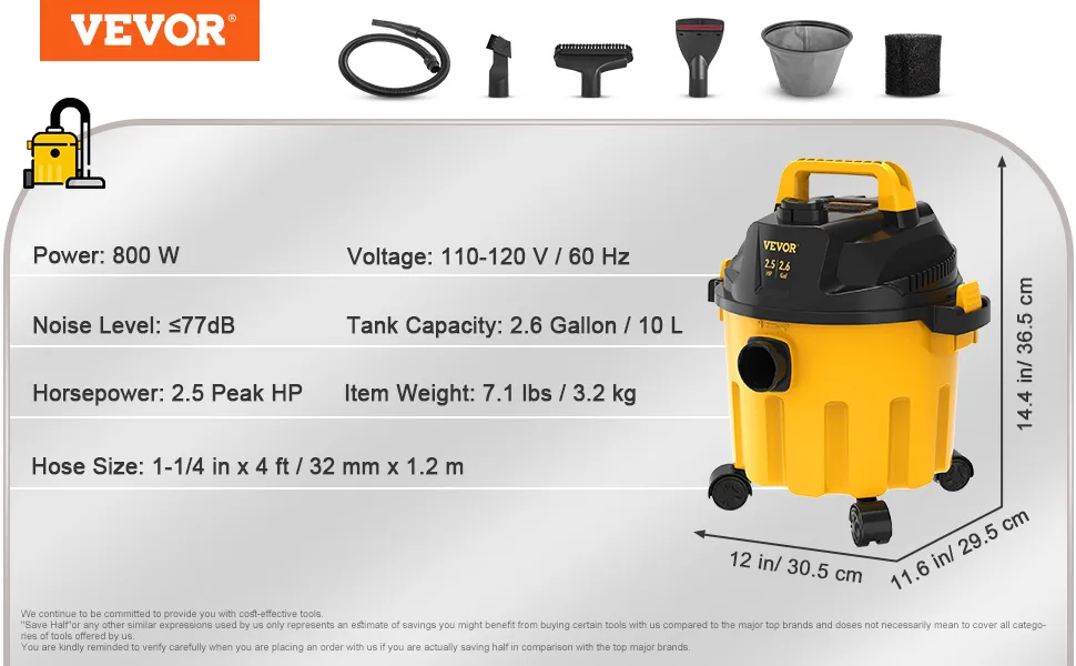 VEVOR Wet Dry Vac, 2.6 Gallon, 2.5 Peak HP, 3 in 1 Shop Vacuum with Blowing Function, Portable with Attachments to Clean Floor, Upholstery, Gap, Car, ETL Listed, Yellow