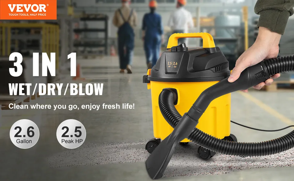 VEVOR Wet Dry Vac, 2.6 Gallon, 2.5 Peak HP, 3 in 1 Shop Vacuum with Blowing Function, Portable with Attachments to Clean Floor, Upholstery, Gap, Car, ETL Listed, Yellow