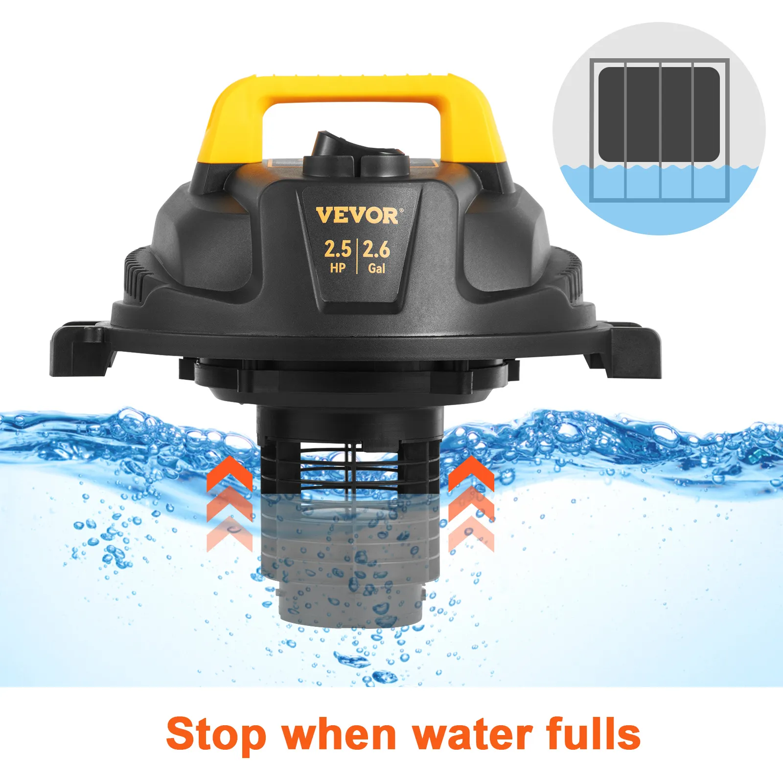 VEVOR wet dry vac with 2.5 hp motor and 2.6-gallon capacity, featuring a stop when water fulls function.