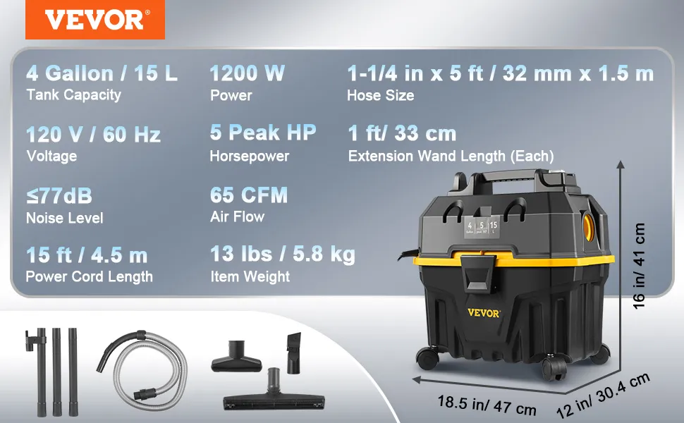 Se muestra una aspiradora de taller VEVOR con tanque de 4 galones, 1200 W de potencia, 5 HP pico y kit de accesorios.