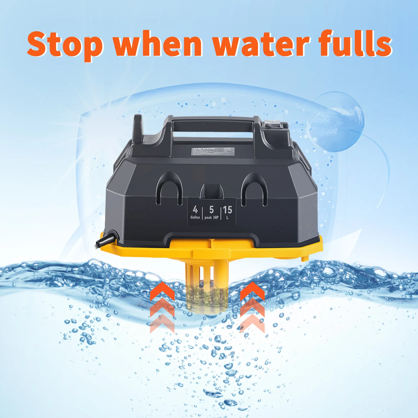 Aspiradora de taller VEVOR sumergida en agua con el texto "detenerse cuando el agua esté llena" encima.