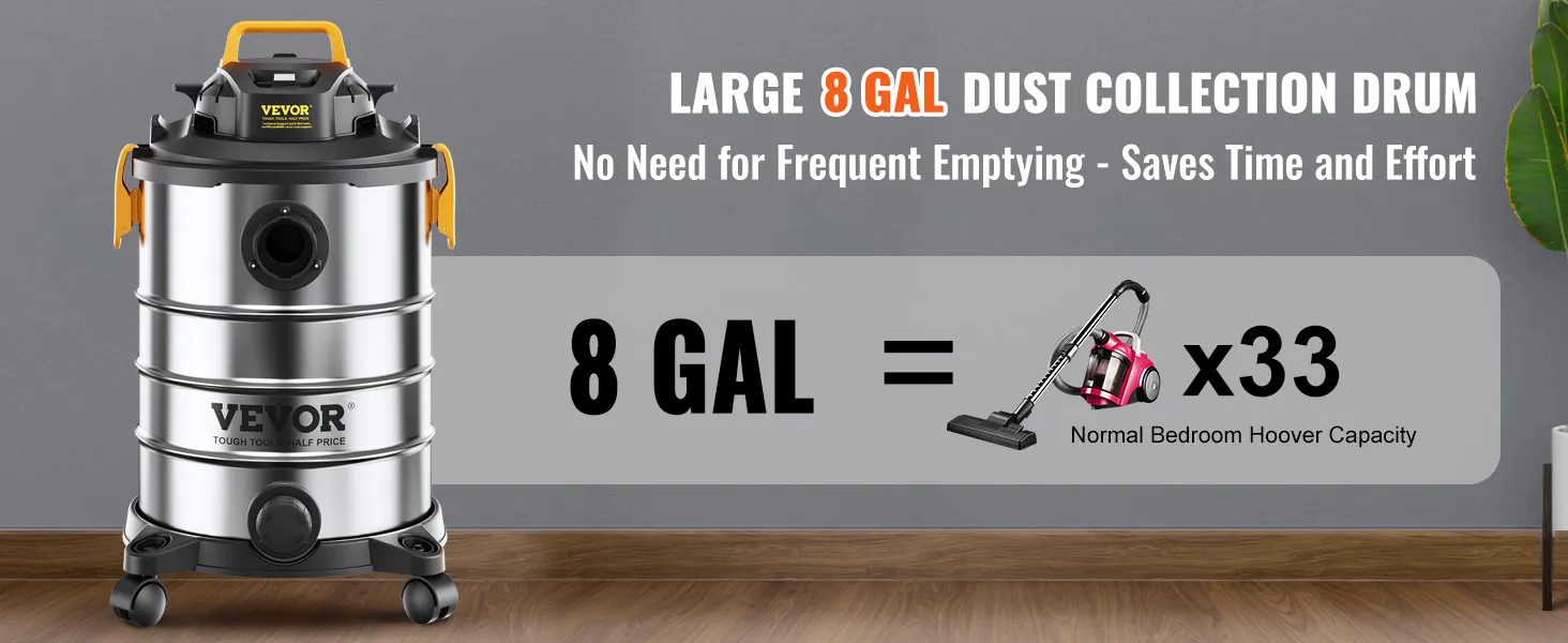 VEVOR Stainless Steel Wet Dry Shop Vacuum, 8 Gallon 6 Peak HP Wet/Dry Vac, Powerful Suction with Blower Function w/ Attachment 2-in-1 Crevice Nozzle, Small Shop Vac Perfect for Carpet Debris, Pet Hair