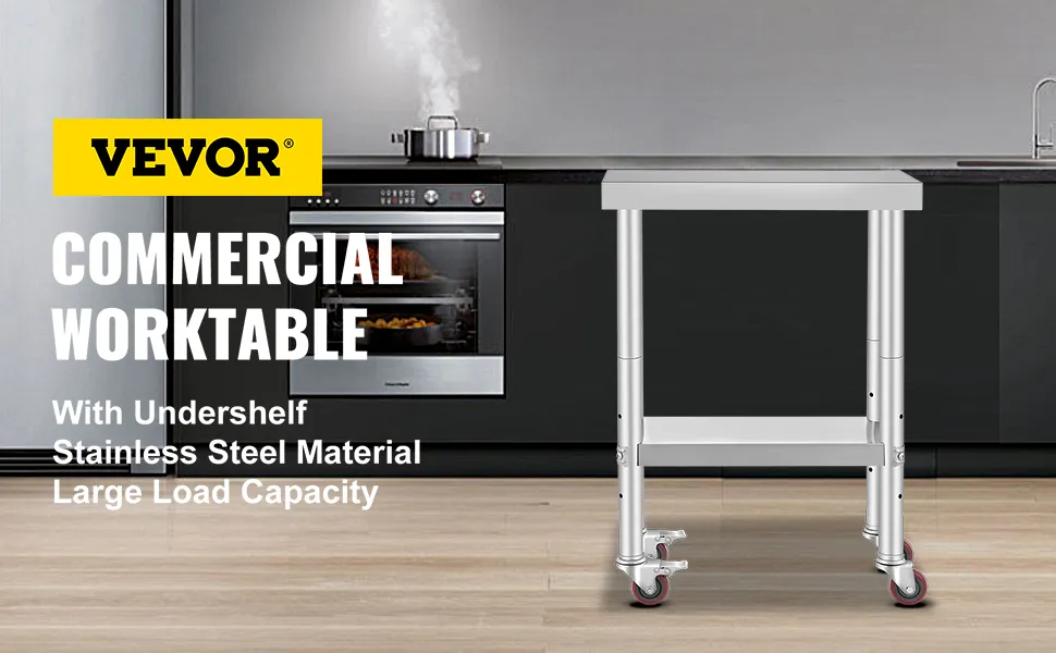 Mesa de trabajo de acero inoxidable VEVOR, estante inferior, gran capacidad de carga, cocina comercial.