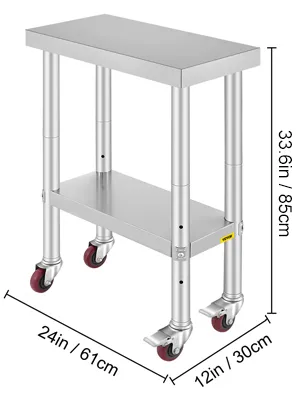 VEVOR stainless steel work table with wheels and bottom shelf, 33.6x24x12 inches.