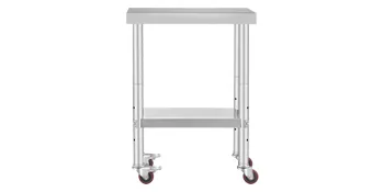 VEVOR stainless steel work table with shelf and red caster wheels.