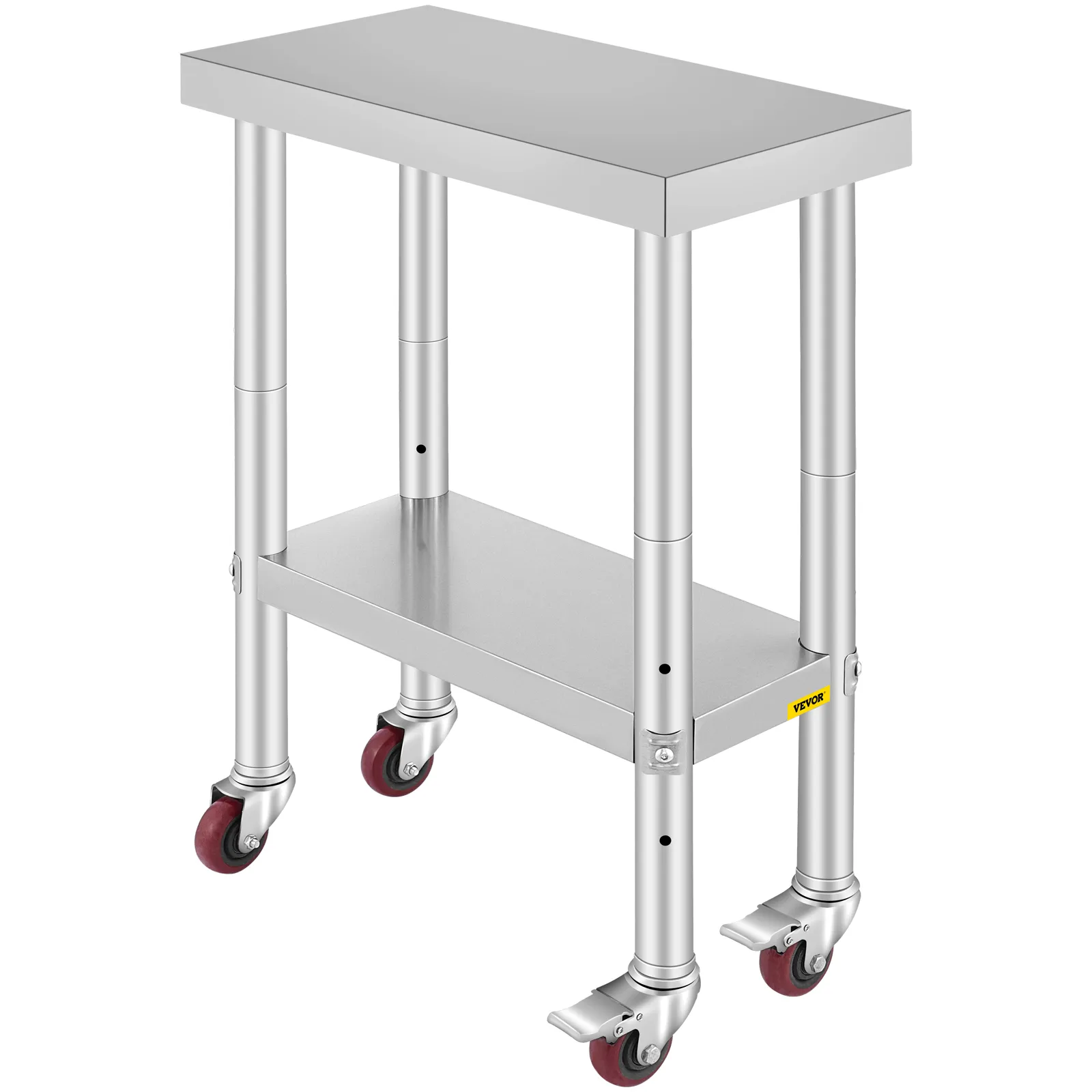 Mesa de trabajo de acero inoxidable VEVOR con estante inferior y ruedas giratorias para fácil movilidad.