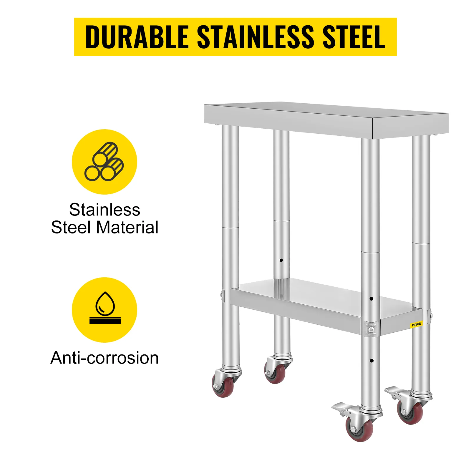 VEVOR stainless steel work table with anti-corrosion wheels and lower shelf.