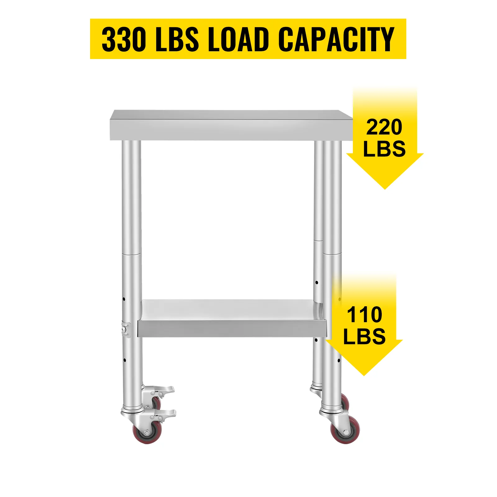 VEVOR stainless steel work table with 330 lbs load capacity and caster wheels.