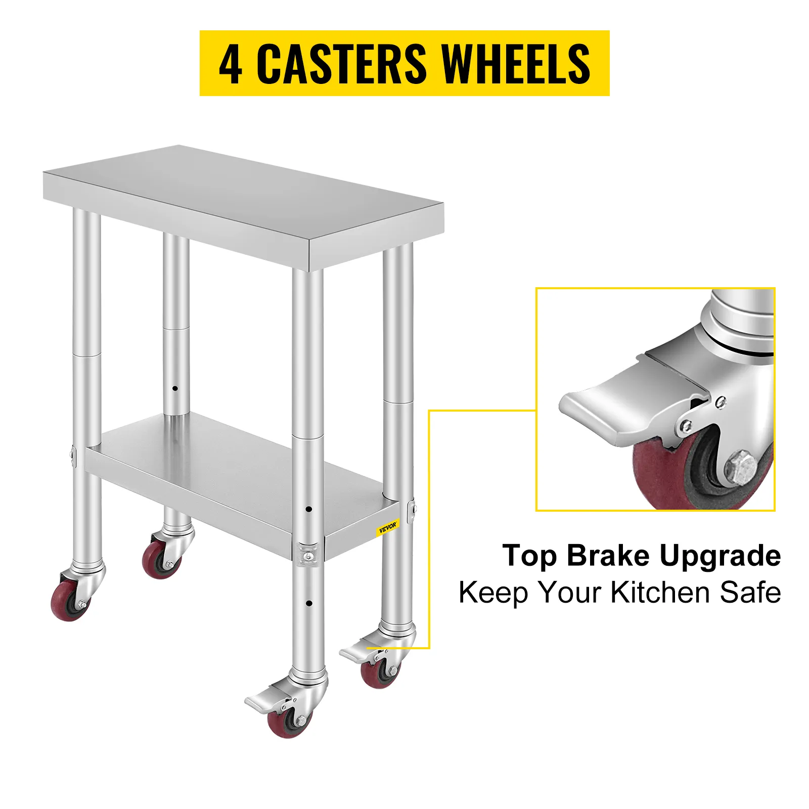 VEVOR stainless steel work table with 4 caster wheels and top brake upgrade.